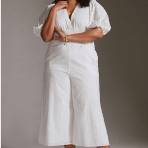 Anthropologie Hutch White Eyelet Smocked-Waist Jumpsuit